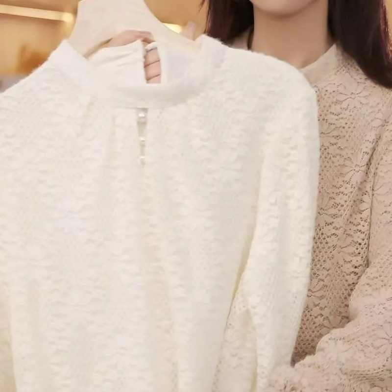 Ženski top s flis podstavom, čipkasti Jacquard, ovratnik s perlama, okrugli izrez, dugi rukavi
