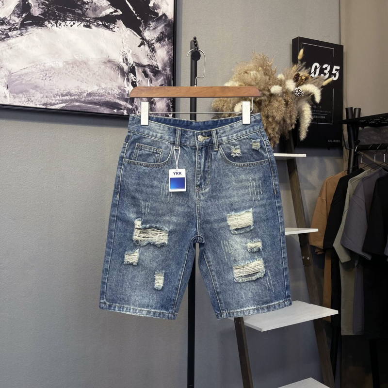 Denim šortsi s iskidanim detaljima, lagan kroj, srednji pojas, mješavina lana i poliestera (70% poliestera)