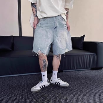 Muške traper kratke hlače, distres, retro stil, širok casual kroj, pamuk 40% više, ljeto 2025