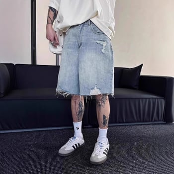 Muške traper kratke hlače, distres, retro stil, širok casual kroj, pamuk 40% više, ljeto 2025