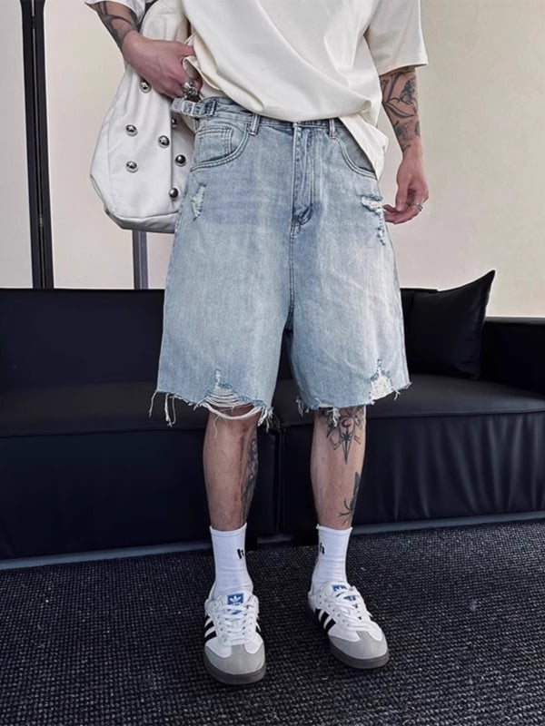 Muške traper kratke hlače, distres, retro stil, širok casual kroj, pamuk 40% više, ljeto 2025