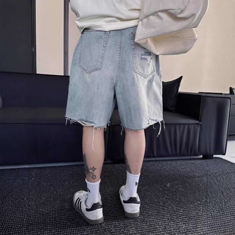 Muške traper kratke hlače, distres, retro stil, širok casual kroj, pamuk 40% više, ljeto 2025