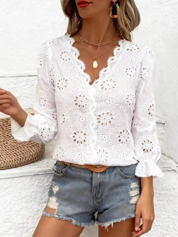 Bluza s floralnim uzorkom, V-izrez, poliester, svilenkasto završna površina, dugi rukavi