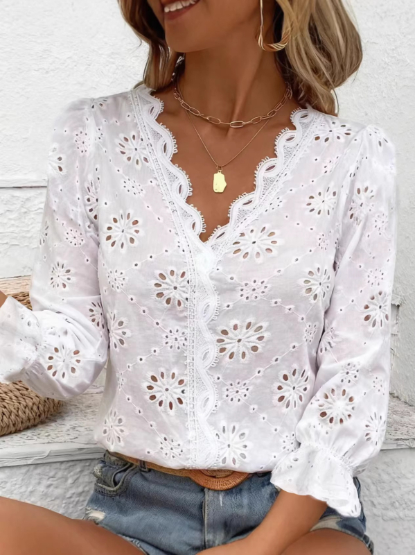 Bluza s floralnim uzorkom, V-izrez, poliester, svilenkasto završna površina, dugi rukavi