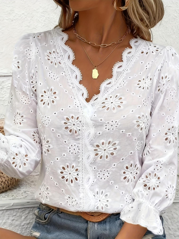 Bluza s floralnim uzorkom, V-izrez, poliester, svilenkasto završna površina, dugi rukavi