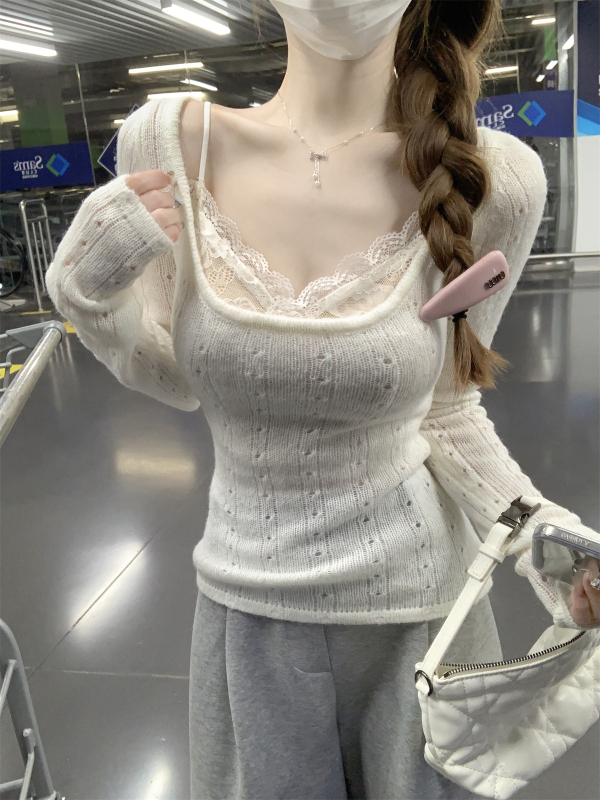 Korejski stil pleteni top s kvadratnim ovratnikom, dugi rukavi, uskim krojem, akrilna smjesa s nylonom i spandeksom