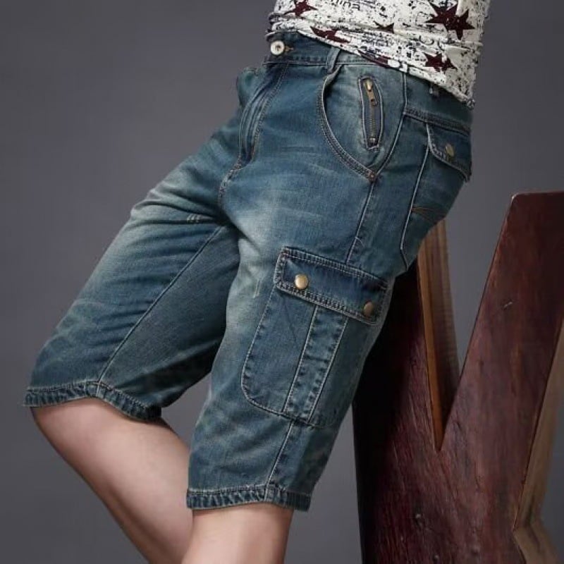 Muške traperice Capri dužine, istrošeni vintage izgled, pamuk, s mnogo džepova, cargo stil