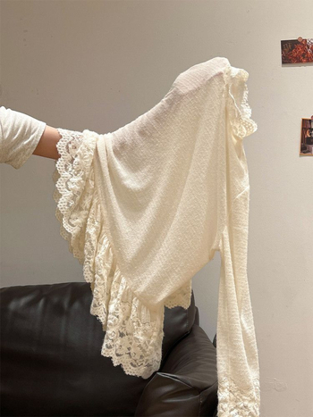 Poliesterska majica s čipkastim patchworkom, dugi rukavi, polu-visoki ovratnik, japansko-korejski stil