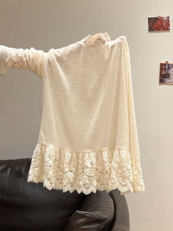 Poliesterska majica s čipkastim patchworkom, dugi rukavi, polu-visoki ovratnik, japansko-korejski stil