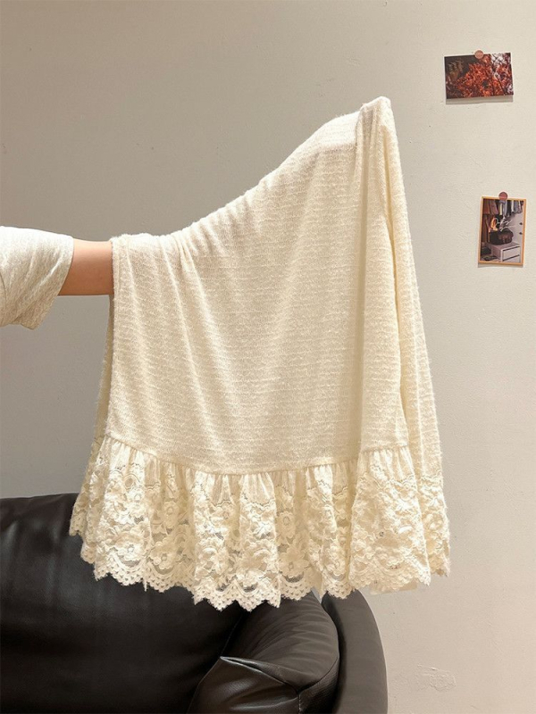 Poliesterska majica s čipkastim patchworkom, dugi rukavi, polu-visoki ovratnik, japansko-korejski stil