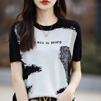 Ženski T-shirt od Quzhu ice silk, kratki rukavi, okrugli izrez, otisak tinta, retro stil
