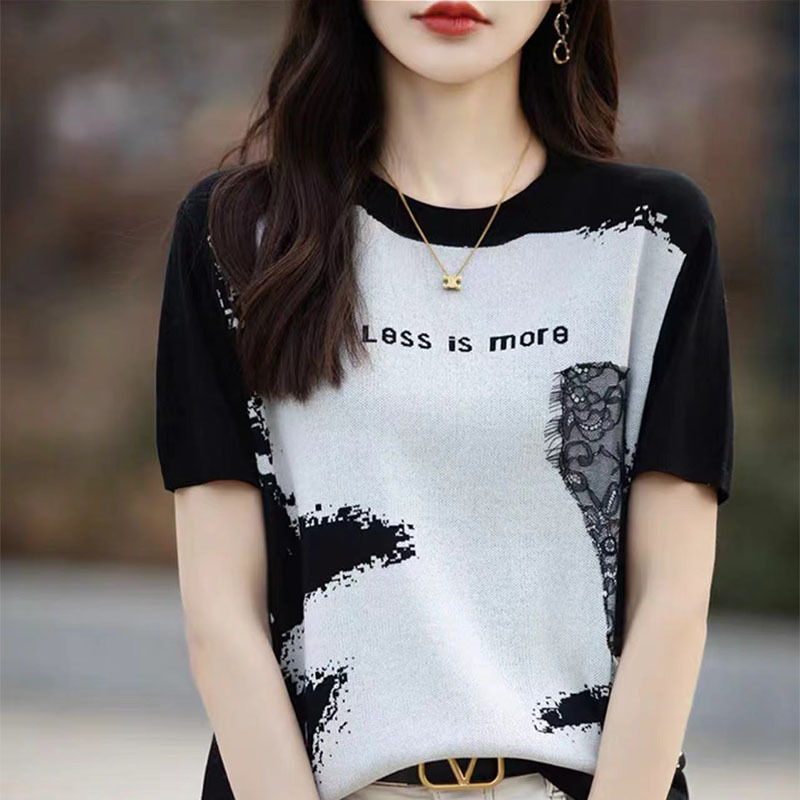 Ženski T-shirt od Quzhu ice silk, kratki rukavi, okrugli izrez, otisak tinta, retro stil