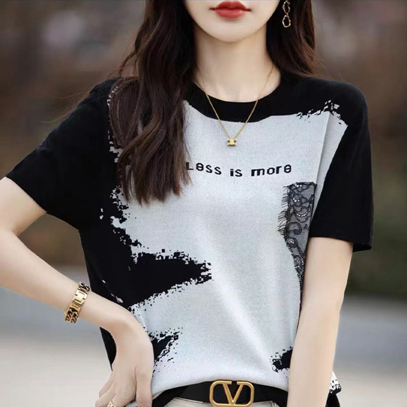 Ženski T-shirt od Quzhu ice silk, kratki rukavi, okrugli izrez, otisak tinta, retro stil