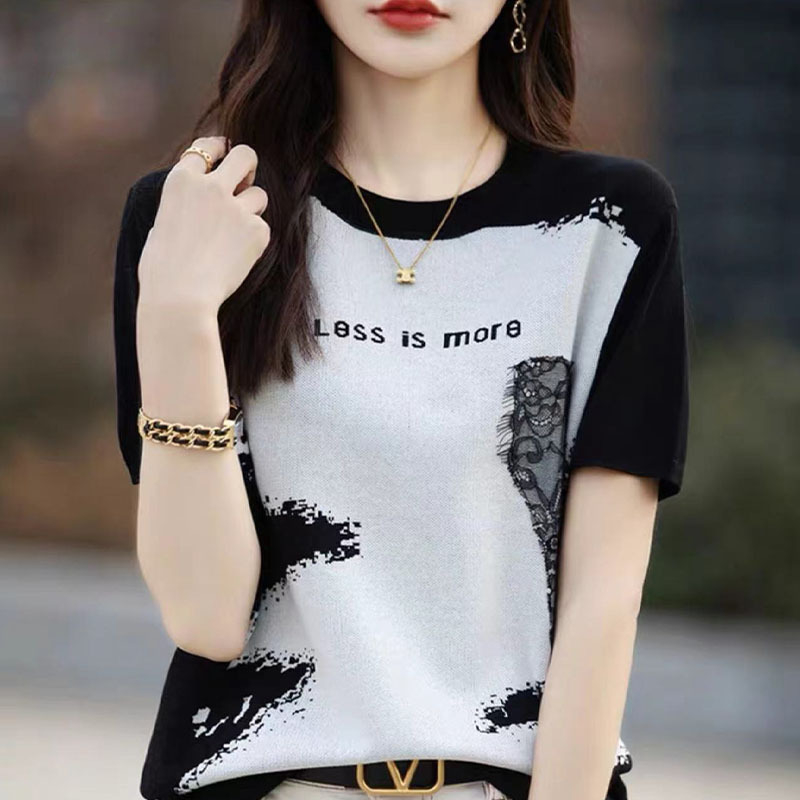 Ženski T-shirt od Quzhu ice silk, kratki rukavi, okrugli izrez, otisak tinta, retro stil