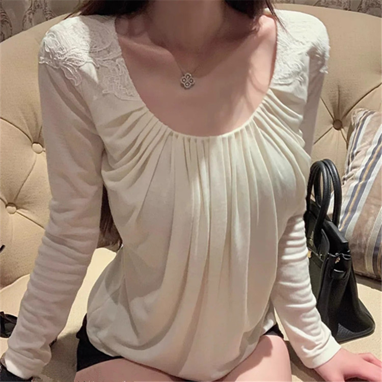 Ženska majica s dugim rukavima od mješavine Tencel Lyocell, patch stil, U-izrez, uski kroj