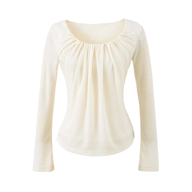 Ženska majica s dugim rukavima od mješavine Tencel Lyocell, patch stil, U-izrez, uski kroj