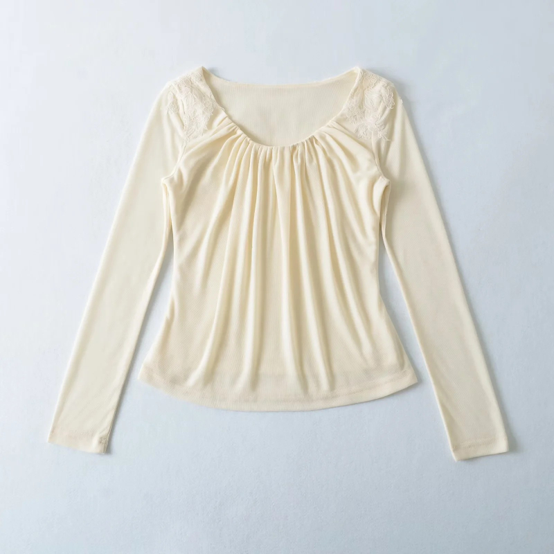 Ženska majica s dugim rukavima od mješavine Tencel Lyocell, patch stil, U-izrez, uski kroj