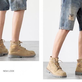 Férfi szakadt denim rövidnadrág, középmagasságú, egyenes szabású, koreai stílus, több zseb