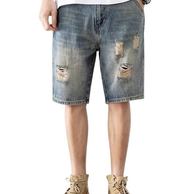 Férfi szakadt denim rövidnadrág, középmagasságú, egyenes szabású, koreai stílus, több zseb
