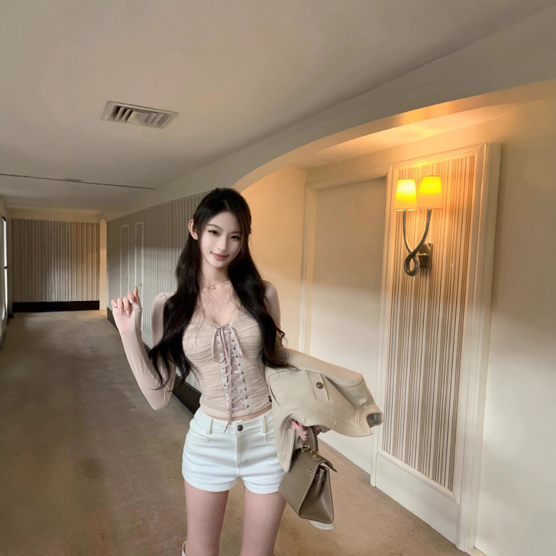 Majica s mrežastim umetkom i čipkom, poliester, U izrez, dugi rukavi, uski kroj