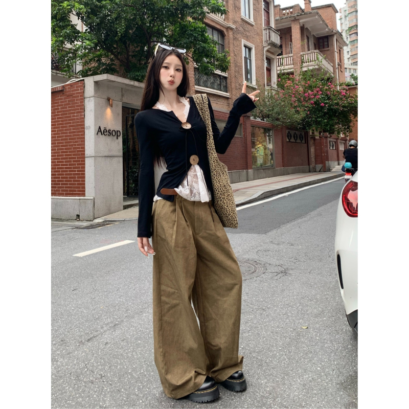 Ženski set: Bluza s V izrezom i dugim rukavima + hlače visokog struka sa širokim nogavicama, poliester, pleteni materijal, jedinstven jednobojni uzorak
