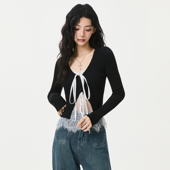 Čipkasta košulja s uzorkom lubanje, patchwork, V-izrez, dugi rukav, uski kroj