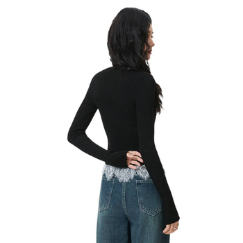 Čipkasta košulja s uzorkom lubanje, patchwork, V-izrez, dugi rukav, uski kroj