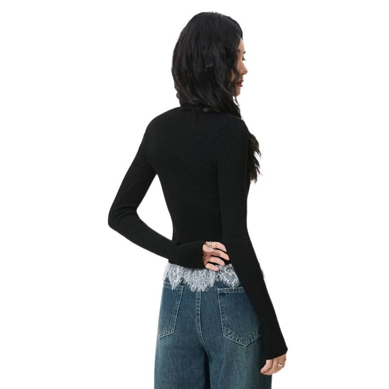 Čipkasta košulja s uzorkom lubanje, patchwork, V-izrez, dugi rukav, uski kroj