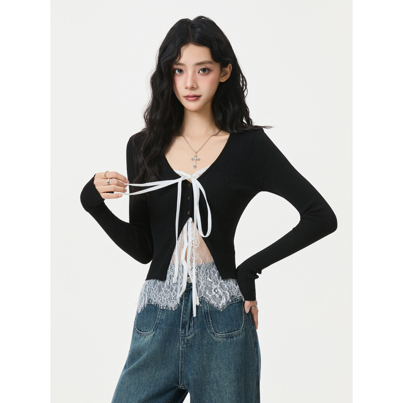 Čipkasta košulja s uzorkom lubanje, patchwork, V-izrez, dugi rukav, uski kroj