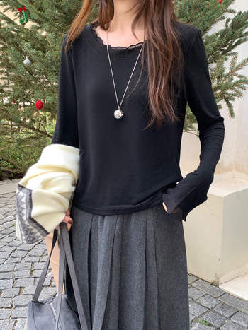 Ženska majica s patchworkom, pamuk-akril smjesa, okrugli izrez, dugi rukav, korejski casual stil