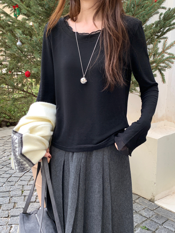 Ženska majica s patchworkom, pamuk-akril smjesa, okrugli izrez, dugi rukav, korejski casual stil