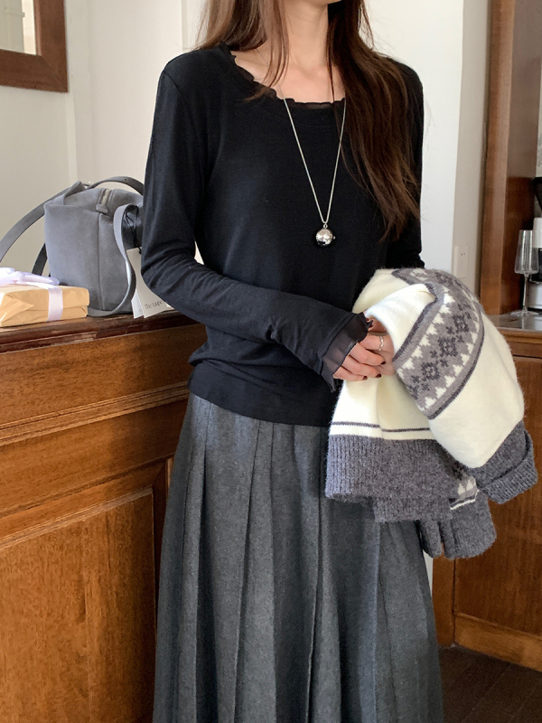 Ženska majica s patchworkom, pamuk-akril smjesa, okrugli izrez, dugi rukav, korejski casual stil