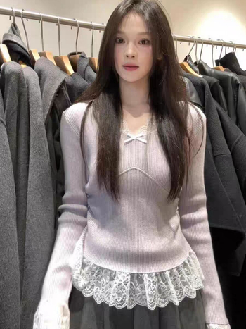 Bluza u korejskom stilu s V-izrezom, čipkasti panel, dugi rukavi, Derong tkanina, uski kroj