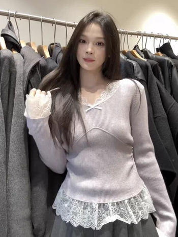 Bluza u korejskom stilu s V-izrezom, čipkasti panel, dugi rukavi, Derong tkanina, uski kroj