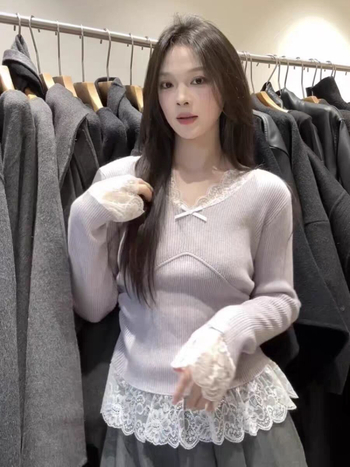 Bluza u korejskom stilu s V-izrezom, čipkasti panel, dugi rukavi, Derong tkanina, uski kroj