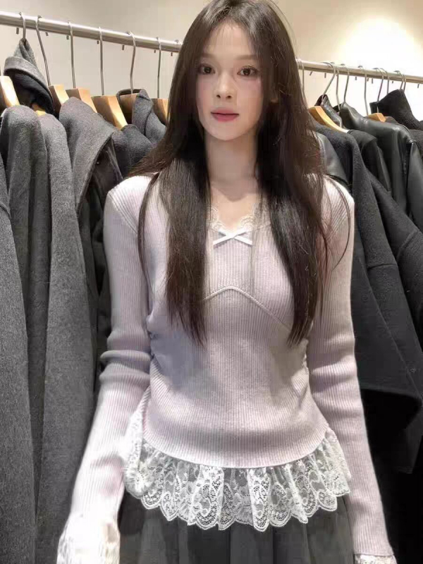 Bluza u korejskom stilu s V-izrezom, čipkasti panel, dugi rukavi, Derong tkanina, uski kroj