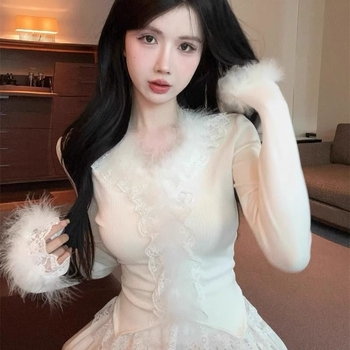 Ženski top s dugim rukavima i V izrezom, izvezenom čipkom, Derong poliester smjesa, oversize kroj