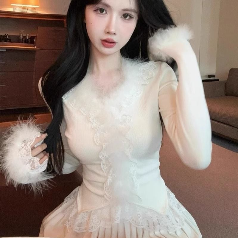 Ženski top s dugim rukavima i V izrezom, izvezenom čipkom, Derong poliester smjesa, oversize kroj