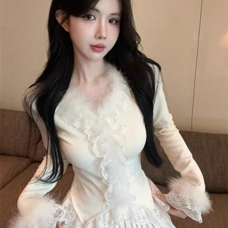 Ženski top s dugim rukavima i V izrezom, izvezenom čipkom, Derong poliester smjesa, oversize kroj