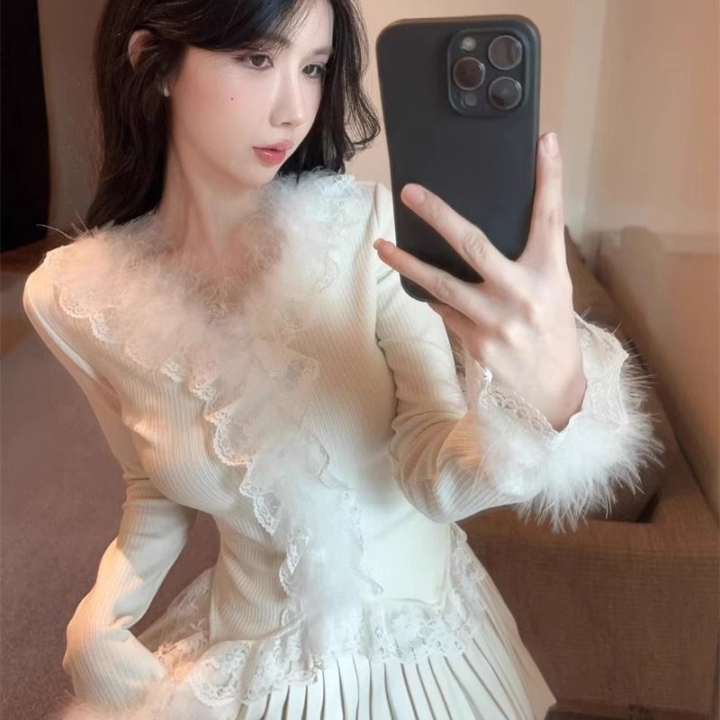 Ženski top s dugim rukavima i V izrezom, izvezenom čipkom, Derong poliester smjesa, oversize kroj