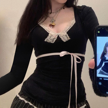 Majica s mašnicom, V izrezom, dugi rukav, uži kroj (mješavina poliestera i spandeksa)