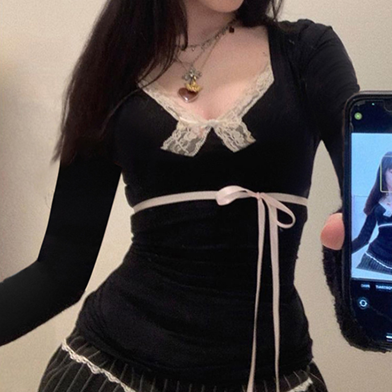 Majica s mašnicom, V izrezom, dugi rukav, uži kroj (mješavina poliestera i spandeksa)