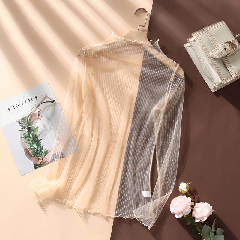 Ženski mrežasti top s čipkom, mock-neck ovratnik, dugi rukavi, lagano proziran, gradski stil, 95% poliester