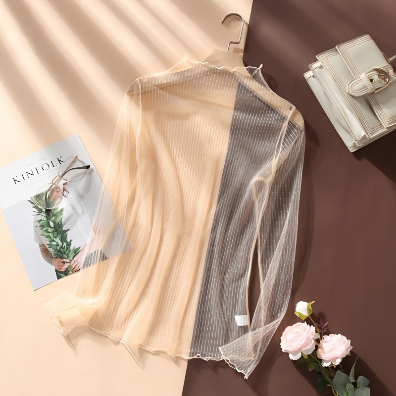 Ženski mrežasti top s čipkom, mock-neck ovratnik, dugi rukavi, lagano proziran, gradski stil, 95% poliester