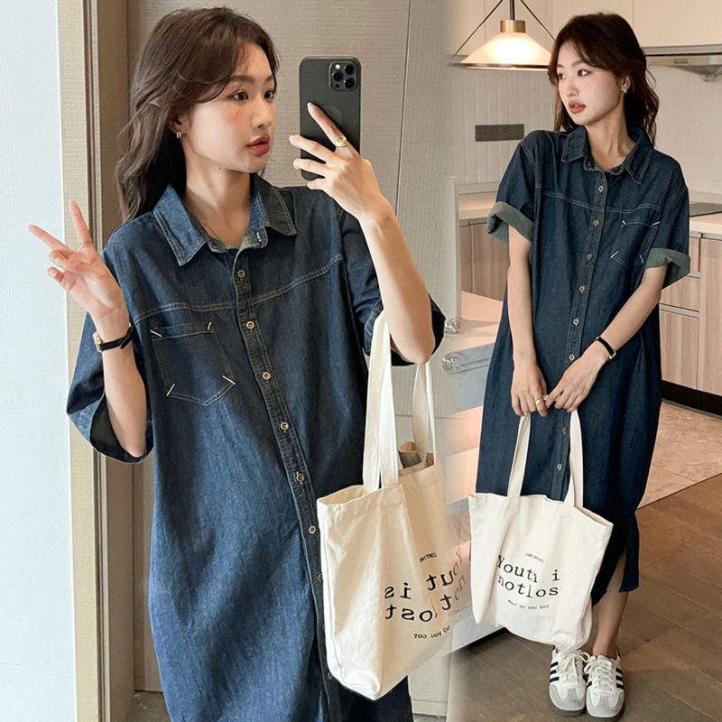 Denim haljina s ovratnikom košulje, polu rukavi, midi fishtail kroj, ljeto 2024, japansko-korejski stil za opuštanje, smjesa acetatnih vlakana
