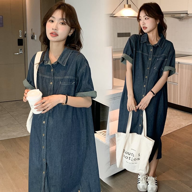 Denim haljina s ovratnikom košulje, polu rukavi, midi fishtail kroj, ljeto 2024, japansko-korejski stil za opuštanje, smjesa acetatnih vlakana