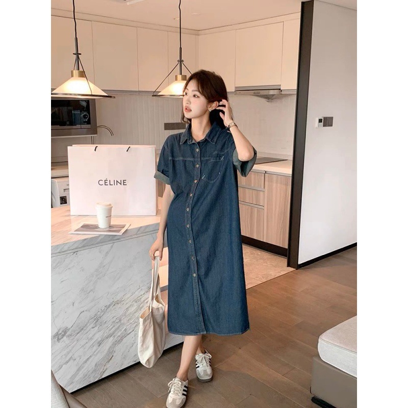Denim haljina s ovratnikom košulje, polu rukavi, midi fishtail kroj, ljeto 2024, japansko-korejski stil za opuštanje, smjesa acetatnih vlakana