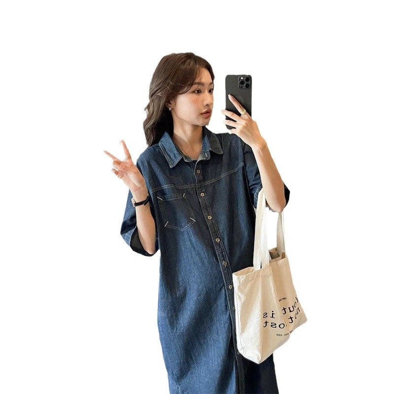 Denim haljina s ovratnikom košulje, polu rukavi, midi fishtail kroj, ljeto 2024, japansko-korejski stil za opuštanje, smjesa acetatnih vlakana