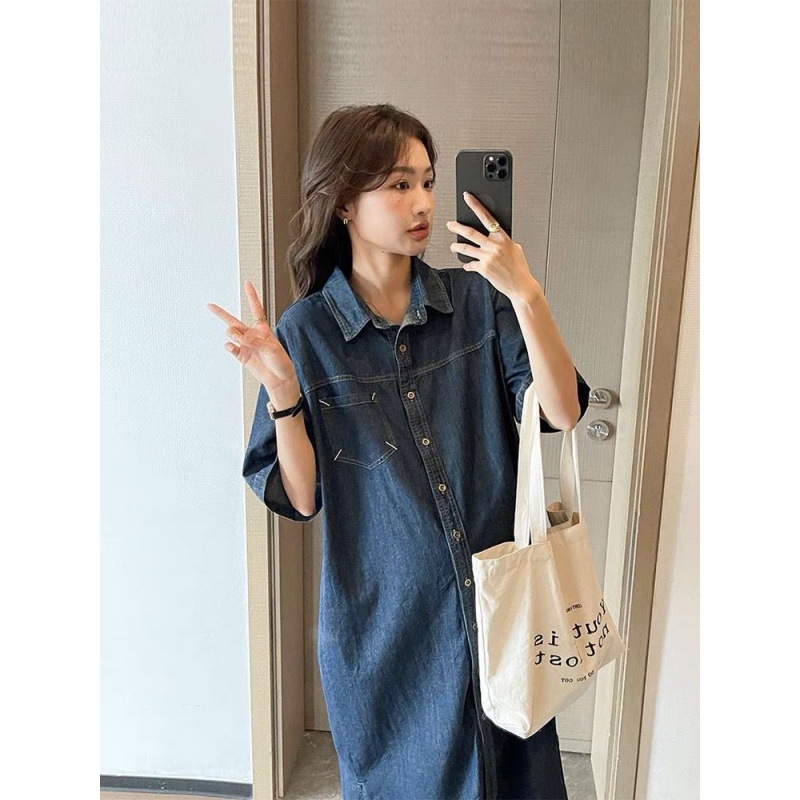 Denim haljina s ovratnikom košulje, polu rukavi, midi fishtail kroj, ljeto 2024, japansko-korejski stil za opuštanje, smjesa acetatnih vlakana