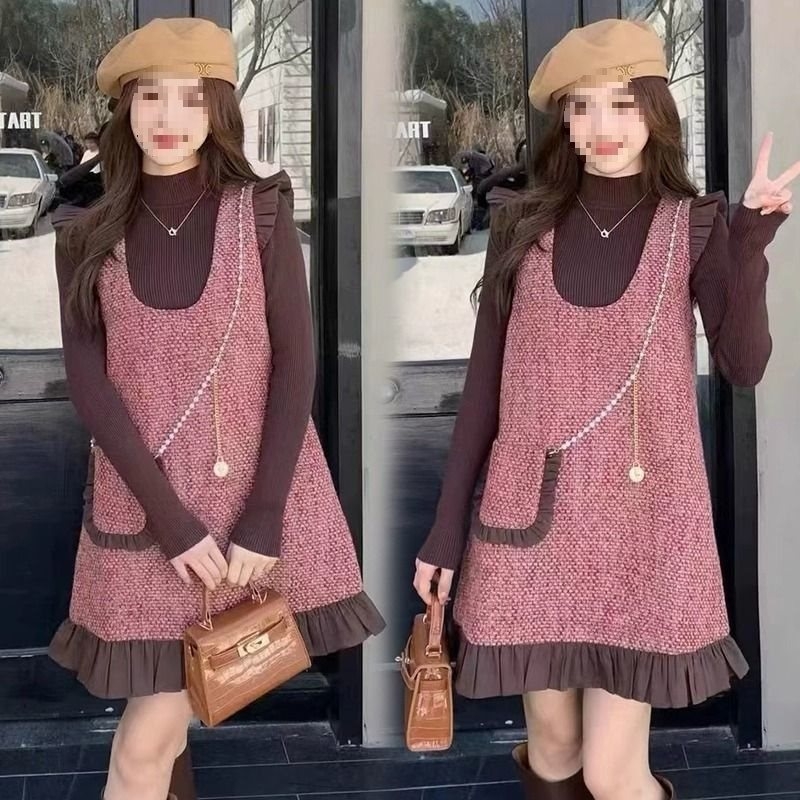 Dvodijelni set za trudnoće: haljina s stražnjim remenima, prozračna pamučna tkanina, dugi rukavi, japansko-korejski casual stil